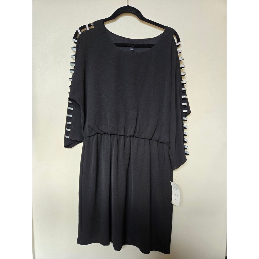 MSK Womens Black Blouson Dress Silver Metallic Cut Out Sleeve Cocktail L lbd